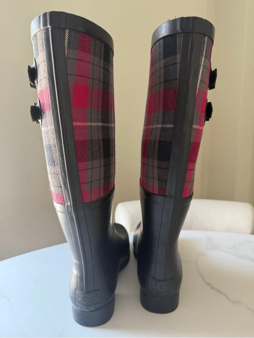 UGG Australia Black Rain Boots with Red & Gray Plaid Shaft